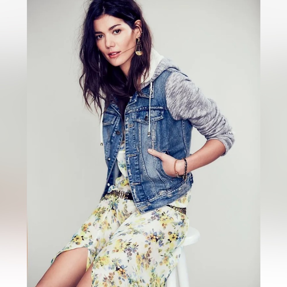 Free People Blue Hooded Distressed Denim Jean Jacket